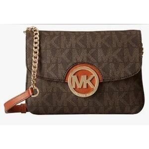 MICHAEL KORS Fulton Flap Gusset Crossbody Bag Purse Signature Gold Logo RARE
